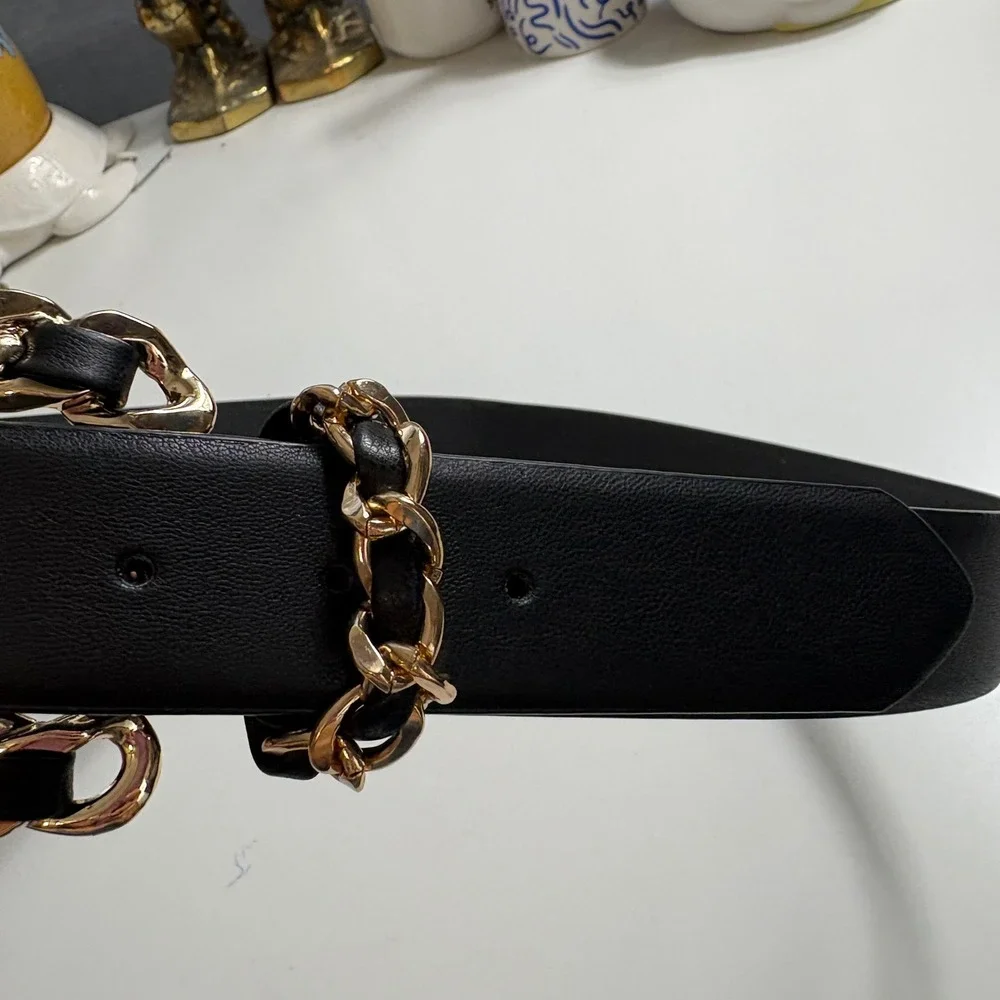 Rachel Zoe Black Belt Gold Chain Link Buckle Womens Medium 37in